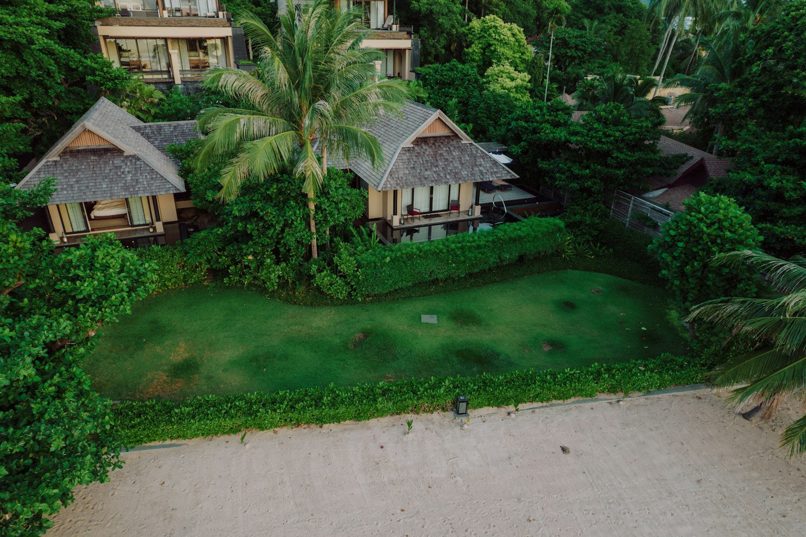 A bird's eye view of a tropical resort